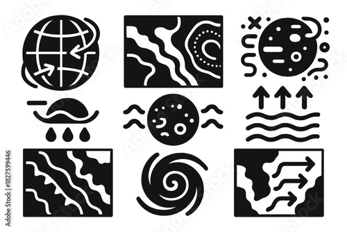 Exoplanet Weather Icons. Solid style icons of exo-weather maps and models: rotating weather globes, climate projection charts,