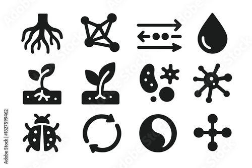 Symbiotic Relationships Icons. Solid style icons of Symbiotic relationships: tree root, fungal web, nutrient flow, mineral