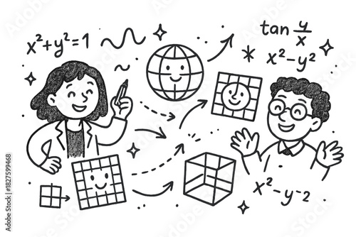Joyful Math Cartography. Playful doodle cartographic science illustration with smiling mathematicians, cartoon equations floating,