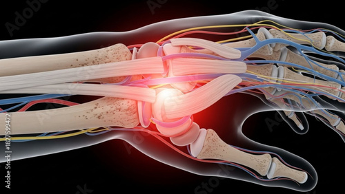 Anatomical illustration of a hand showing bones tendons nerves and blood vessels with inflammation highlighted