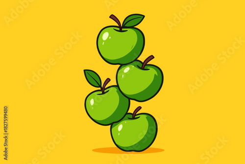 Vibrant Green Apples. Playful stack of fresh green apples placed against a vibrant yellow background, bold and cheerful tones,