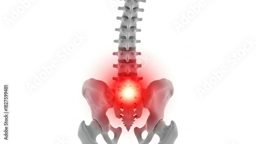 Illustration of a spine and pelvis with a red glow indicating pain or inflammation in the lower back region