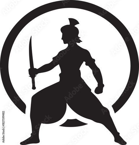A silhouette of an Indian warrior stands poised with a sword, framed by a circular border, capturing a sense of strength and tradition.