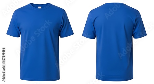 Front and back view of a vibrant royal blue tshirt isolated on a white background, ideal for design mockups or as a colorful apparel option