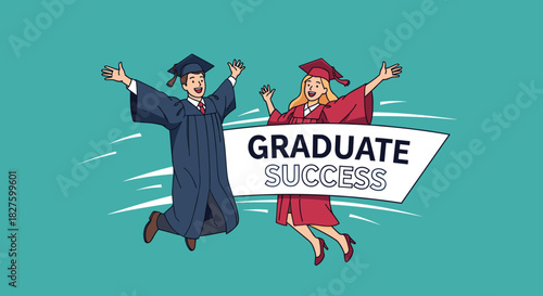 Happy graduates jumping with graduate success banner on turquoise background