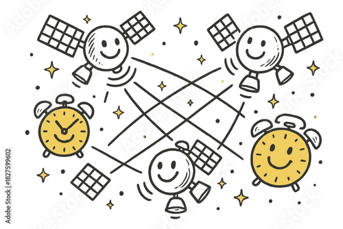 Joyful Satellite Constellation. Joyful doodle satellite constellation with smiling satellites, cartoon GPS beams crisscrossing,