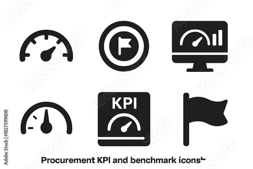 Procurement KPI Icons. Solid style icons of procurement KPIs and benchmarks: performance gauge icon, target badge, metric tracker