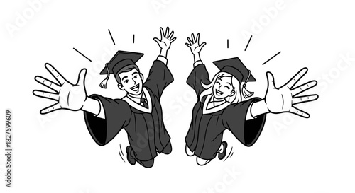 Two happy graduates in gowns jumping with joy