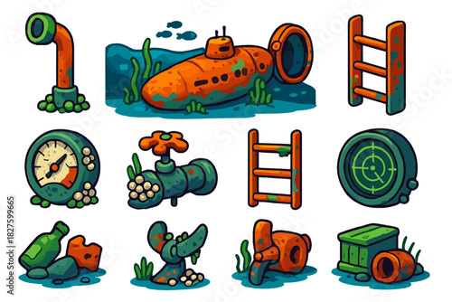 Abandoned Submarine Icons. Isometric vector illustration set Abandoned Submarine: corroded periscope tube, decaying hull, jammed