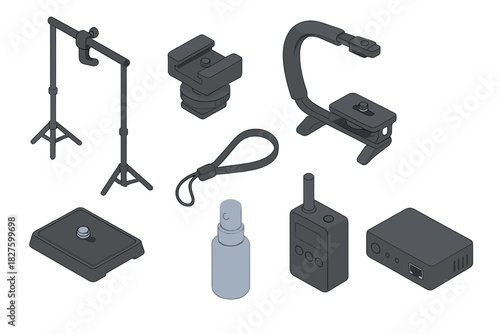 Camera Gear Collection. Isometric vector illustration set of Camera and Photography: backdrop stand clamp, cold shoe mount, image
