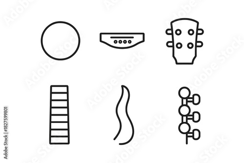 Guitar Anatomy Icons. Line style icons of Acoustic Guitar Anatomy: sound hole, bridge, headstock, fretboard, body curve, tuning