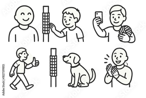 Community Knit Icons. Line style icons of community response to guerrilla knitting: smiley passerby, child touching knit, selfie
