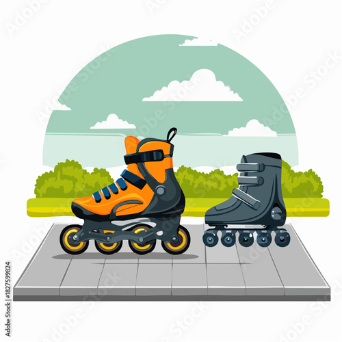 Pair of Rollerblades on a Pavement with Greenery and Sky Background.
