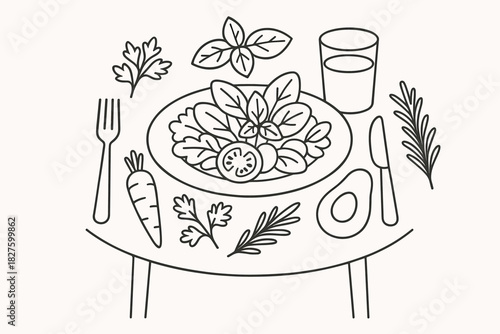 Dining Table Illustration. Minimalist white vector illustration dining table set with fresh herbs and vegetables, clean and