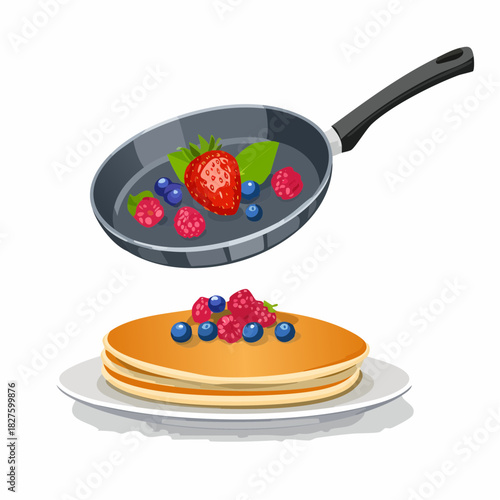 Pancakes with berries being flipped from a pan.