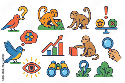 Curious Creatures Explored. Isometric vector illustration set Information-seeking behavior: birds and primates exploring