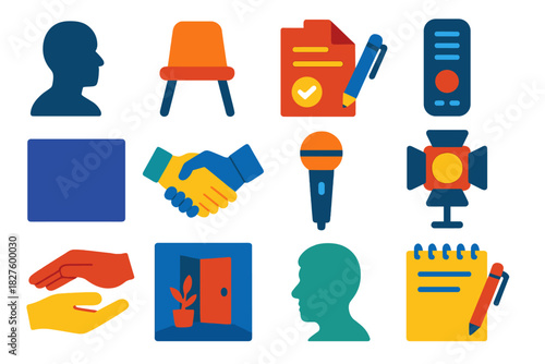 Ethical Interview Icons. Flat vector icons of ethical interview techniques: interviewer silhouette, subject chair, consent form,