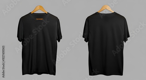 Front and back view of a plain black tshirt hanging on a wooden hanger against a neutral gray background, perfect for fashion mockups