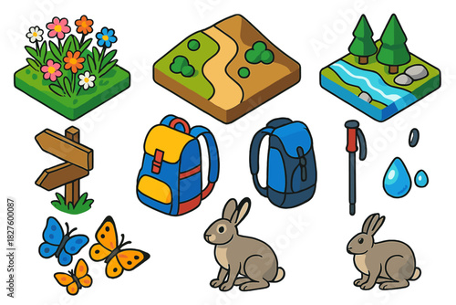 Vibrant Hiking Adventure. Isometric vector illustration set Hiking trails – wildflower patch, gentle slope, alpine stream; trail