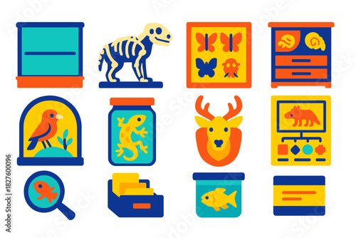Vintage Zoological Icons. Flat vector icons of Vintage Zoological Museums: display case, animal skeleton, pinned butterfly board,