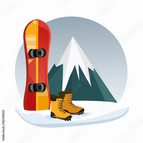 Snowboard and boots with mountain in background.