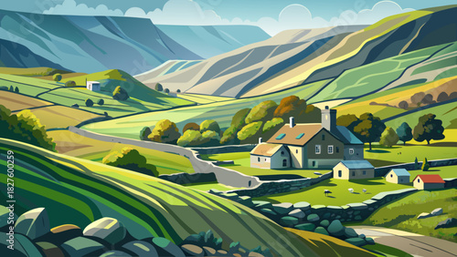 Very beautiful semi-realistic vector landscape of Swaledale in the Yorkshire Dales, featuring rolling green valleys, winding dry-stone walls, scattered farmsteads, and soft natural lighting over a pea