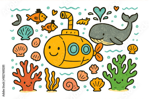 Playful Ocean Adventure. Playful doodle ocean adventure with a smiling submarine, friendly fishes with tiny hats, whales blowing