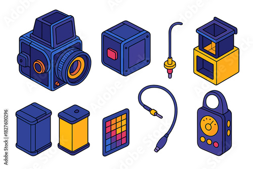 Photography Icons Collection. Isometric vector illustration set Film and photography – medium format camera, film back, dark slide