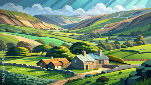 Very beautiful semi-realistic vector landscape of Swaledale in the Yorkshire Dales, featuring rolling green valleys, winding dry-stone walls, scattered farmsteads, and soft natural lighting over a pea