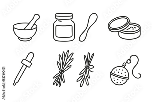 Herbal Craft Icons. Line style icons of Herbal Craft: Medicinal Herb, Preparation Tools, Ancient Remedy, Folk Medicine; Mortar,