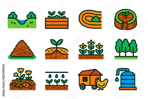 Permaculture Icons. Flat vector icons of Permaculture Design: swale, raised garden bed, contour lines, keyhole garden, compost
