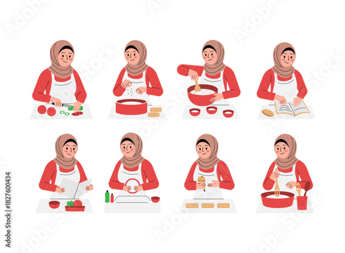Vector Hijab Mother Kitchen Activities Set Of Illustration For Cooking Cleaning And Family Meal Preparation Scenes
