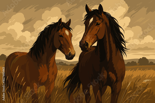 Majestic Horses in Field. Artistic depiction of a pair of majestic horses in a field, soft natural tones, dramatic lighting, ideal