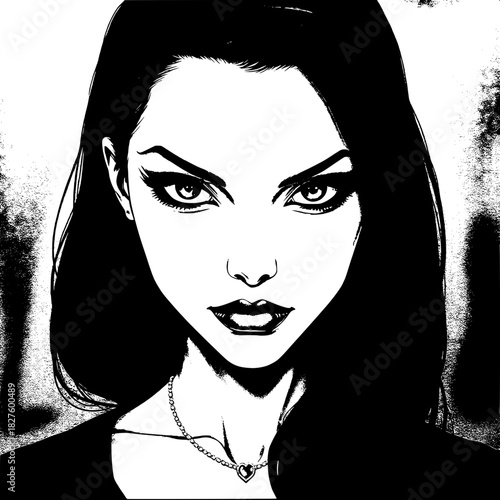 A moody, noir-inspired black-and-white drawing of a woman with porcelain skin and dark eyeliner, her features sculpted through thick shadows and refined edges, gazing intensely toward the viewer with 