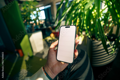 Smartphone Mockup Hand Greenery Office Interior