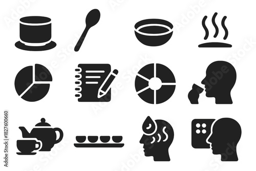 Tea Tasting Icons. Solid style icons of tea tasting: aroma cup, tasting spoon, tea liquor color, aroma swirl, palate chart,