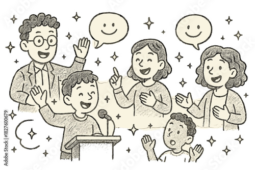 Magical Public Speaking Workshop. Magical doodle public speaking workshop with smiling instructors, cartoon participants