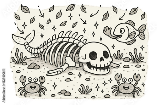 Whimsical Whale Ecosystem. Whimsical doodle whale fall scene with smiling whale skeleton on the seafloor, cartoon scavenger fish