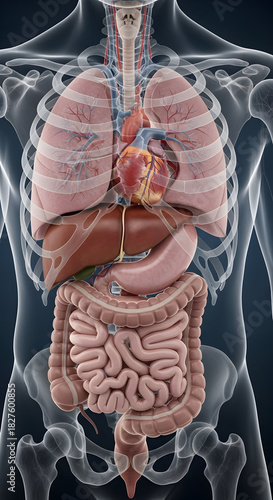 Human Anatomy Torso Showing Internal Organs and Skeletal Structure