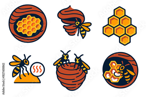 Social Wasp Nest Construction. Isometric vector illustration set Social wasp nest construction: nest architecture, chewed fiber