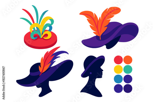 Theatrical Millinery Icons. Isometric vector illustration set Theatrical Millinery: Bright stage fascinator, oversized feathered