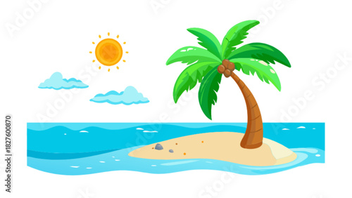 Tropical island paradise with palm tree sun clouds and ocean summer vacation travel destination drawing art