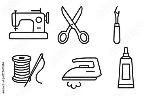 Upcycling Tools Icons. Line style icons of tools for upcycling: sewing machine outline, fabric scissors, seam ripper icon, thread