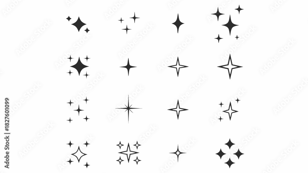 Naklejka premium Collection of various black sparkle and starburst icons on a white background for design elements