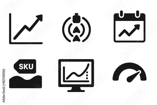 Demand Forecasting Icons. Solid style icons of demand forecasting: upward trend chart, product demand radar, seasonal pattern icon