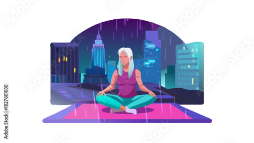 Woman meditating on rooftop in rain cityscape yoga and mindfulness for stress relief and inner peace practice