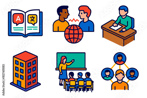 Integration Challenges Icons. Isometric vector illustration set Integration Challenges: language learning book, cultural