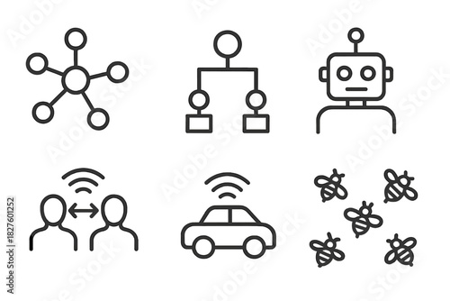 Decentralized Control Icons. Line style icons of Decentralized Control: node network, local rule diagram, robot with antenna, peer