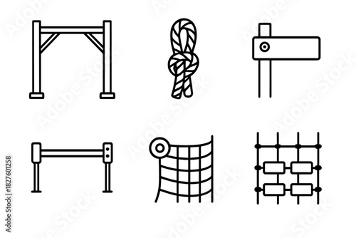 OCR Course Line Icons. Line style icons of OCR course construction: obstacle frame sketch, rope knot detail, platform bolts icon,