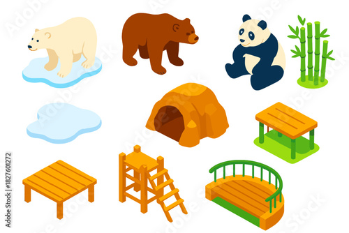 Vibrant Zoo Icons. Isometric vector illustration set Zoo animals – polar bear, grizzly bear, giant panda; snow patch, den cave,